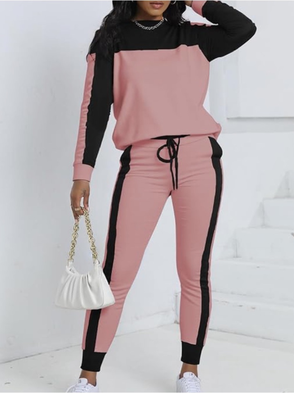 Chic Nation Pink and Black Contrast Track Joggers Set